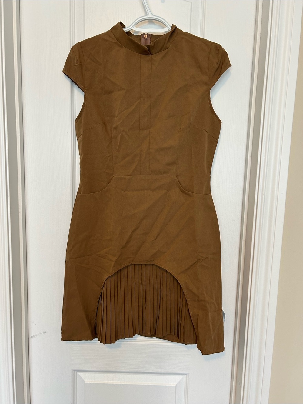 Brown Pleated Hem Cap Sleeve Dress